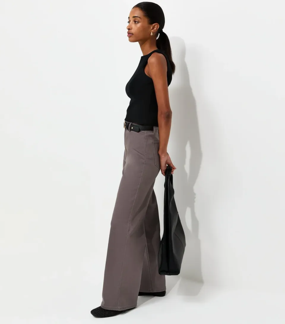 Women's Dark Grey Twill High Waist Stretch Wide Leg Jeans