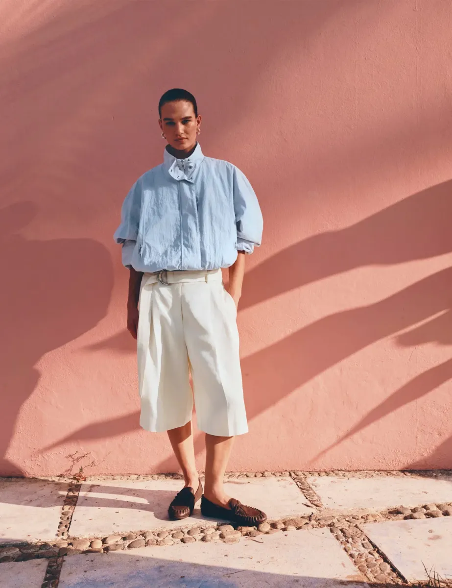 Linen Blend High Waisted Belted Bermuda Shorts Ivory