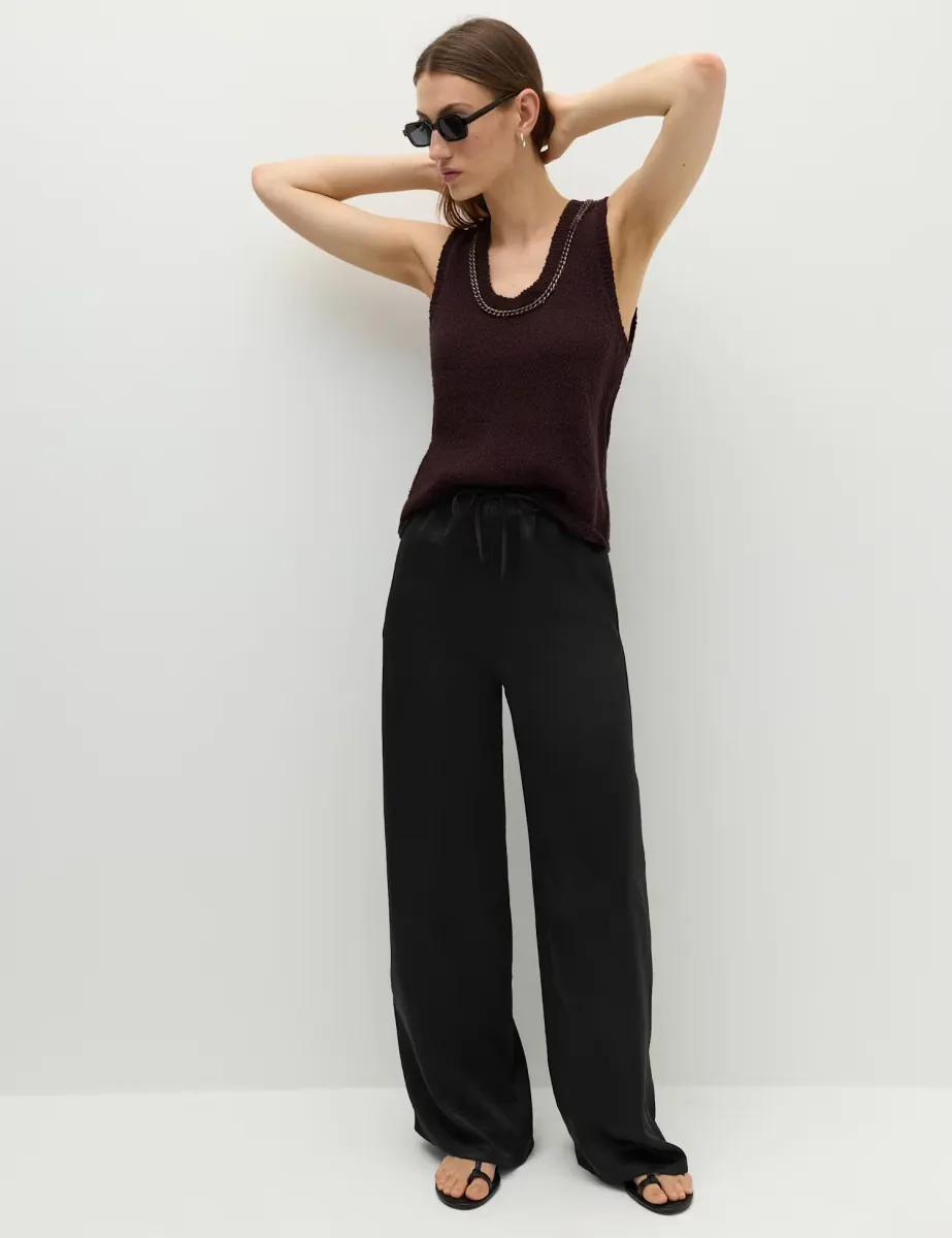 Satin Drawstring Wide Leg Trousers Black