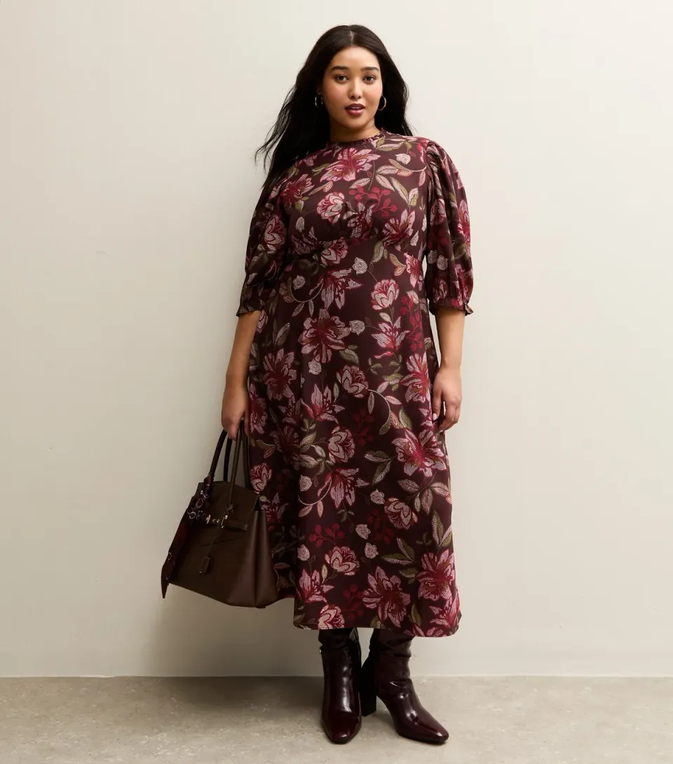 Women's Plus Size Burgundy Floral Cropped Sleeve Midi Dress Curves