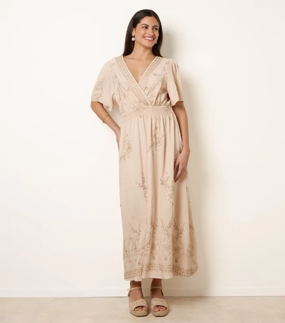 Women's Stone Floral Embroidered Midi Dress
