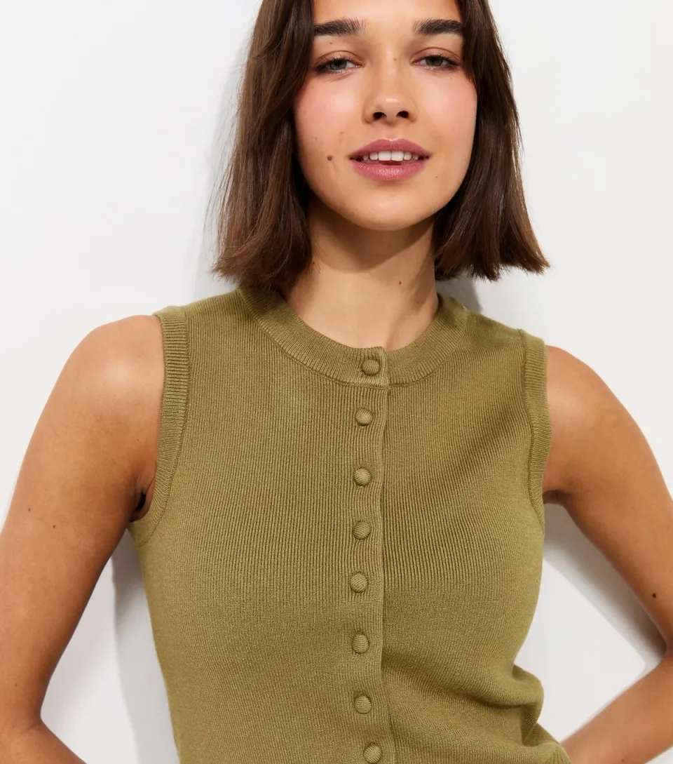 Women's Light Khaki Compact Knit Button Through Waistcoat