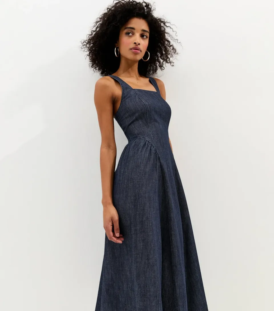 Women's Navy Denim Square Neck Midi Dress