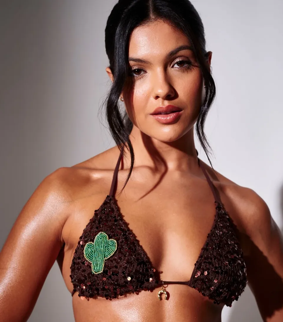 Women's Brown Sequinned Crochet Triangle Bikini Top