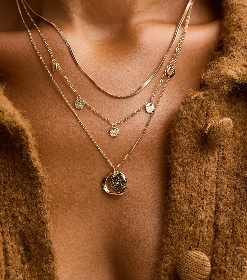 Gold Tone 3-Layer Diamante Circle Charm Necklace