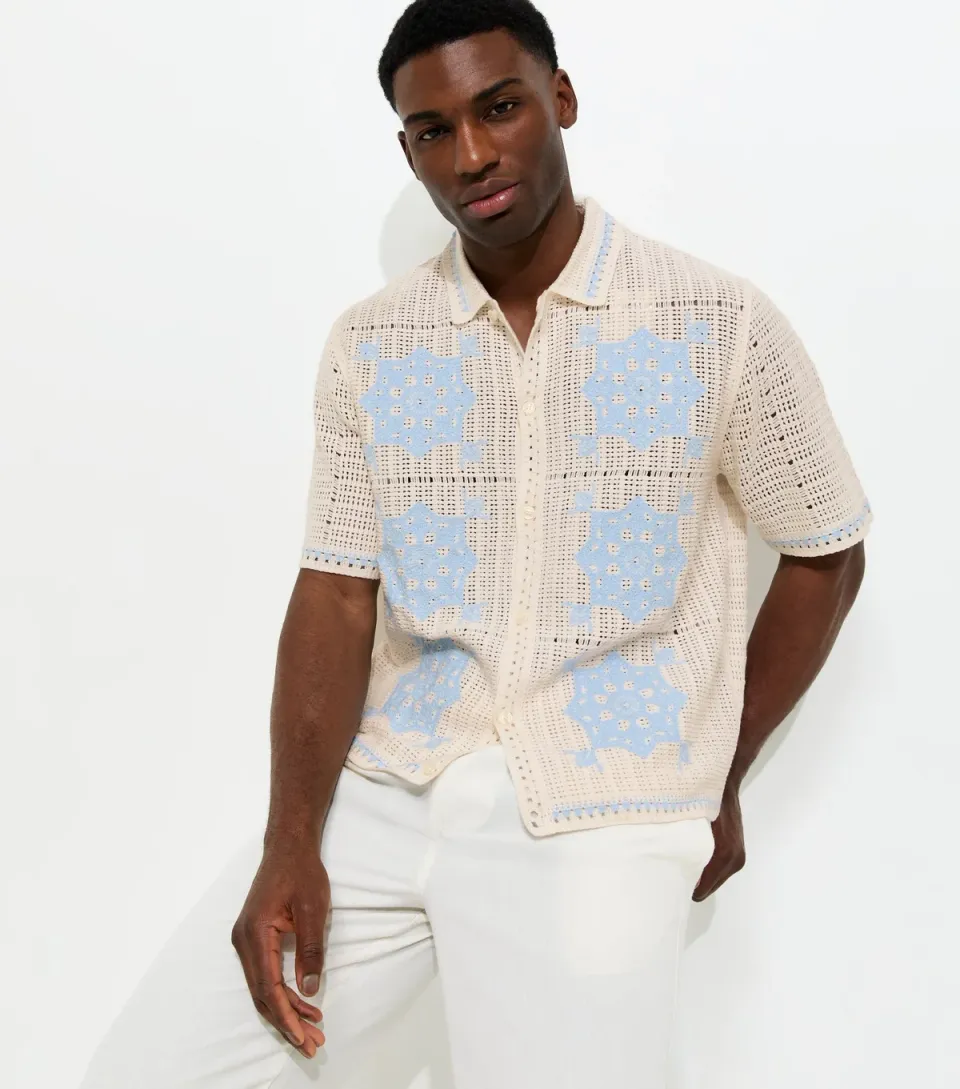 Men's Off White Relaxed Open Weave Polo Shirt