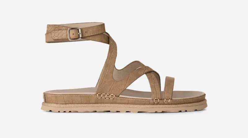 GoldenGaze Embossed Ankle Wrap Sandal, Leather/Polyester