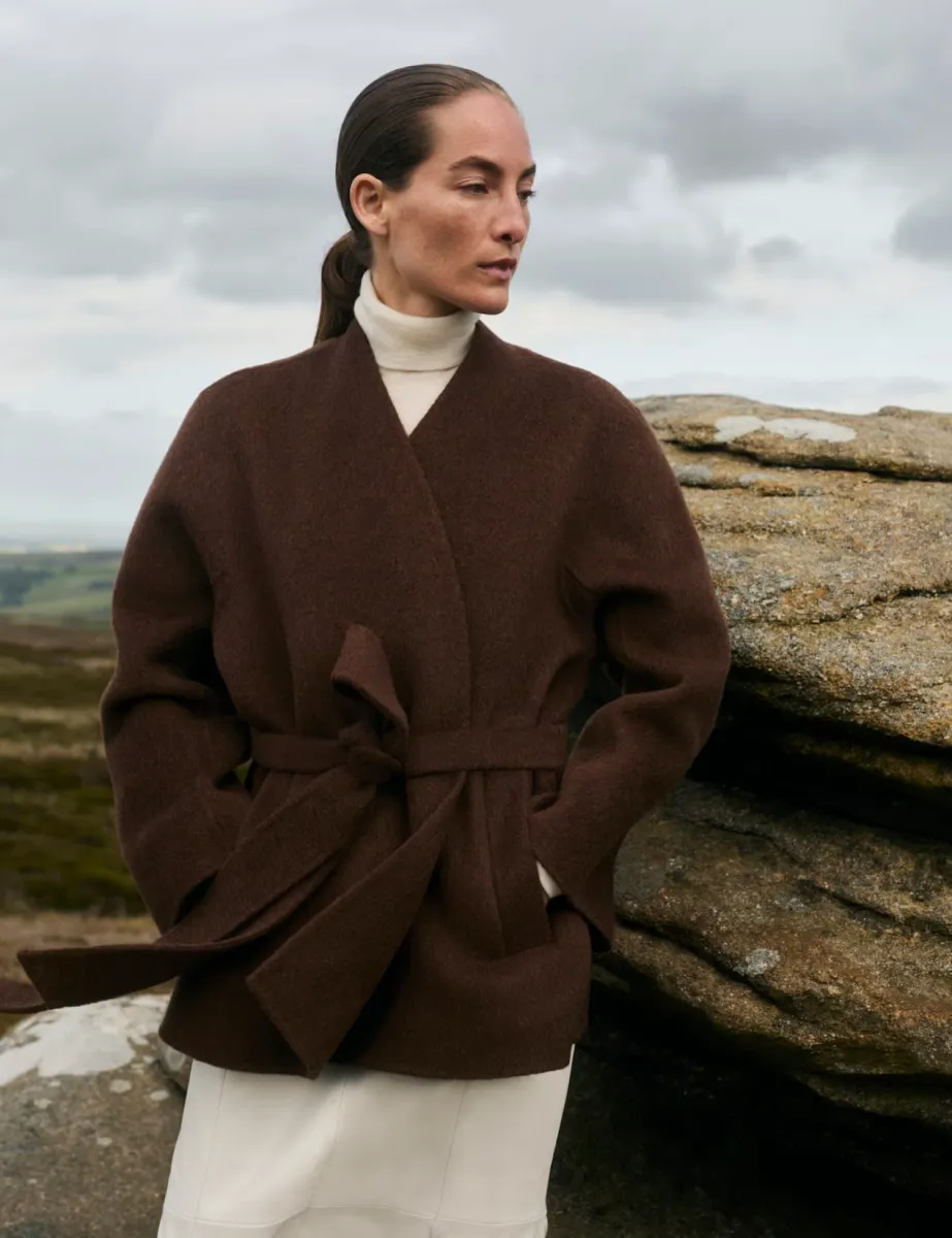 Wool Rich With Cashmere Collarless Coat Chocolate