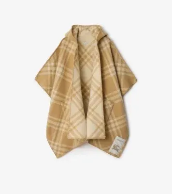 Reversible Check Wool Hooded Cape in Sand beige/ecru beige