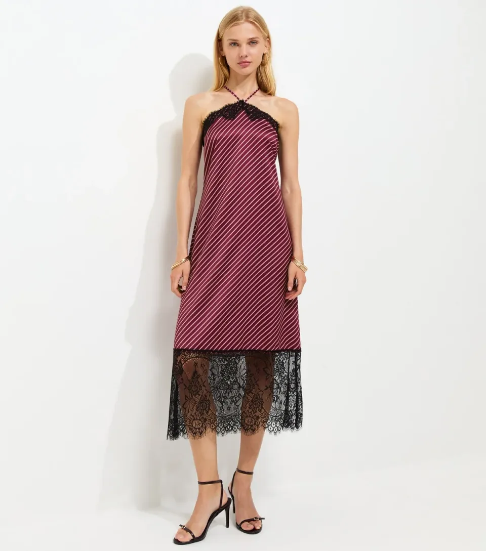 Women's Pink Satin Striped Lace Trim Halterneck Midaxi Dress