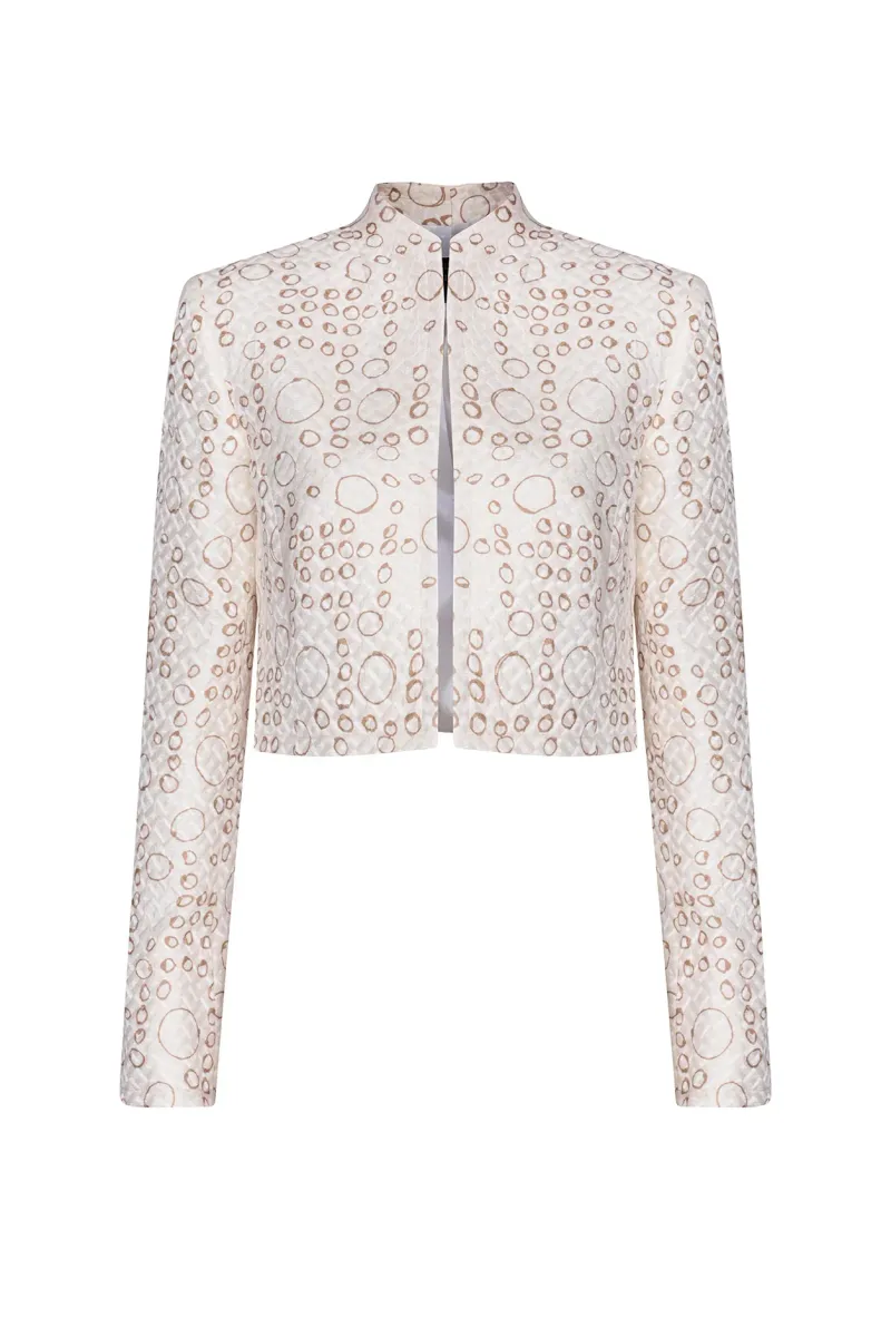 Ivory/Coffee Printed Short Jacket in Silk/Wool Matelassé - Hermione