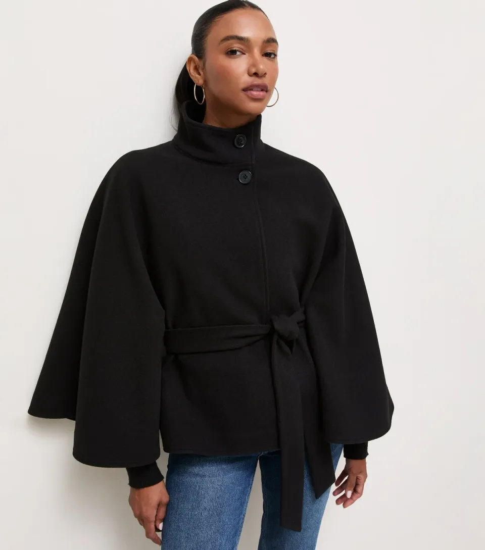 Women's Black Button Front High Neck Cape Jacket