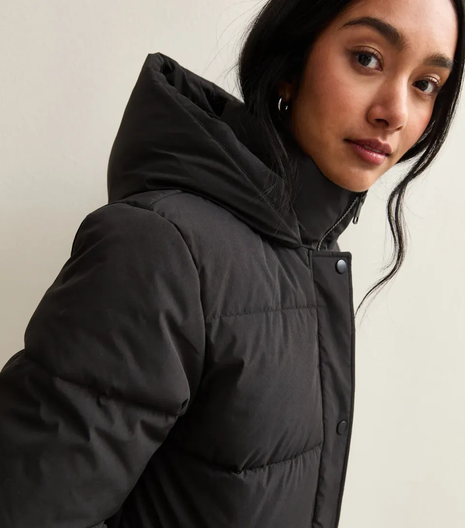 Women's Black Panelled Longline Puffer Coat