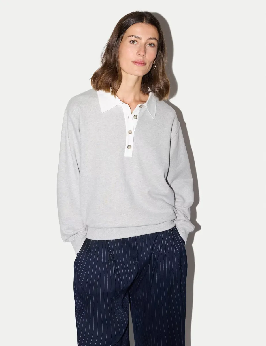 Pure Cotton Collared Relaxed Sweatshirt Grey