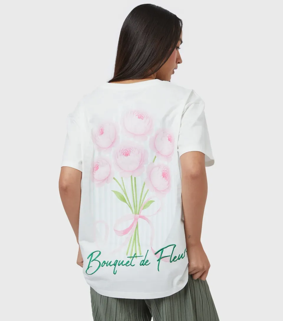 Women's White Bouquet De Fleurs Embroidered T-Shirt