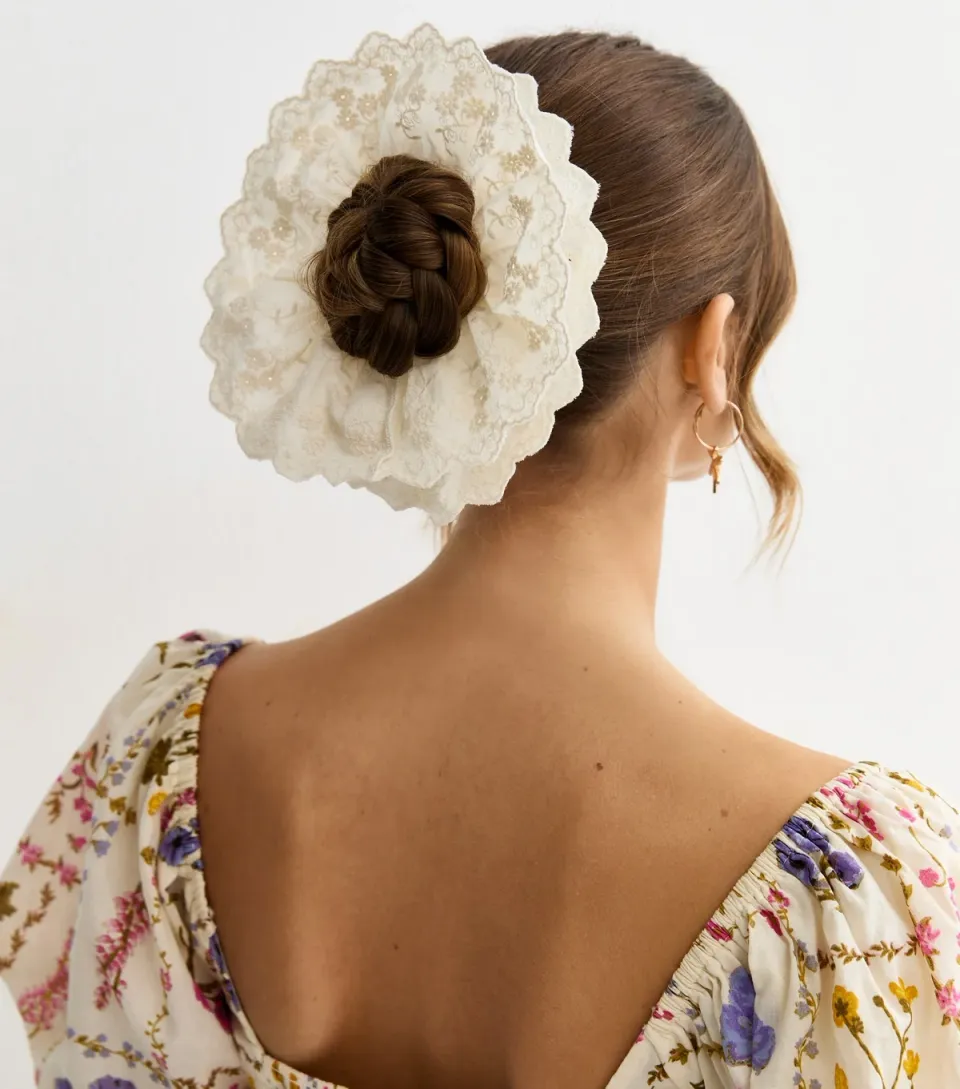 Cream Oversized Broderie Anglaise Frilly Scrunchie