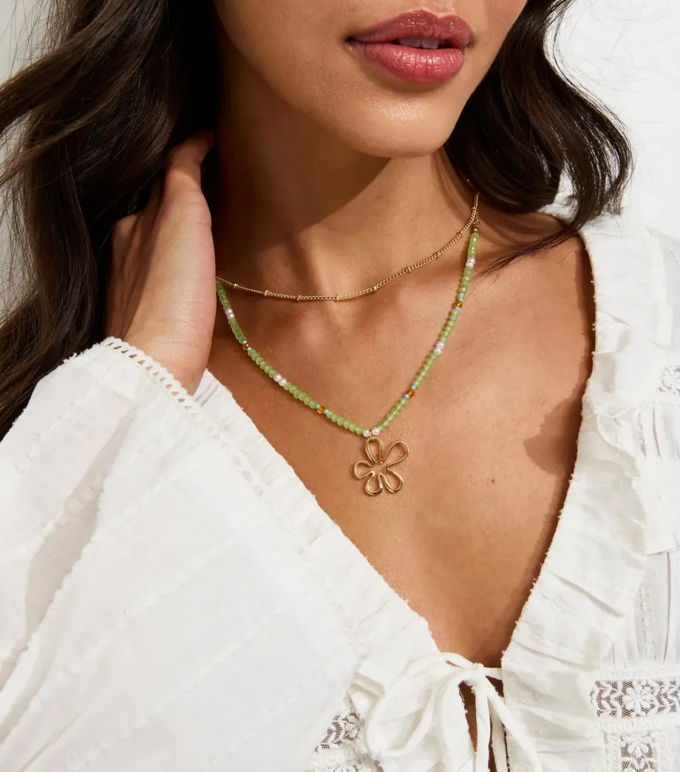 Light Green Double Layer Beaded Flower Charm Necklace