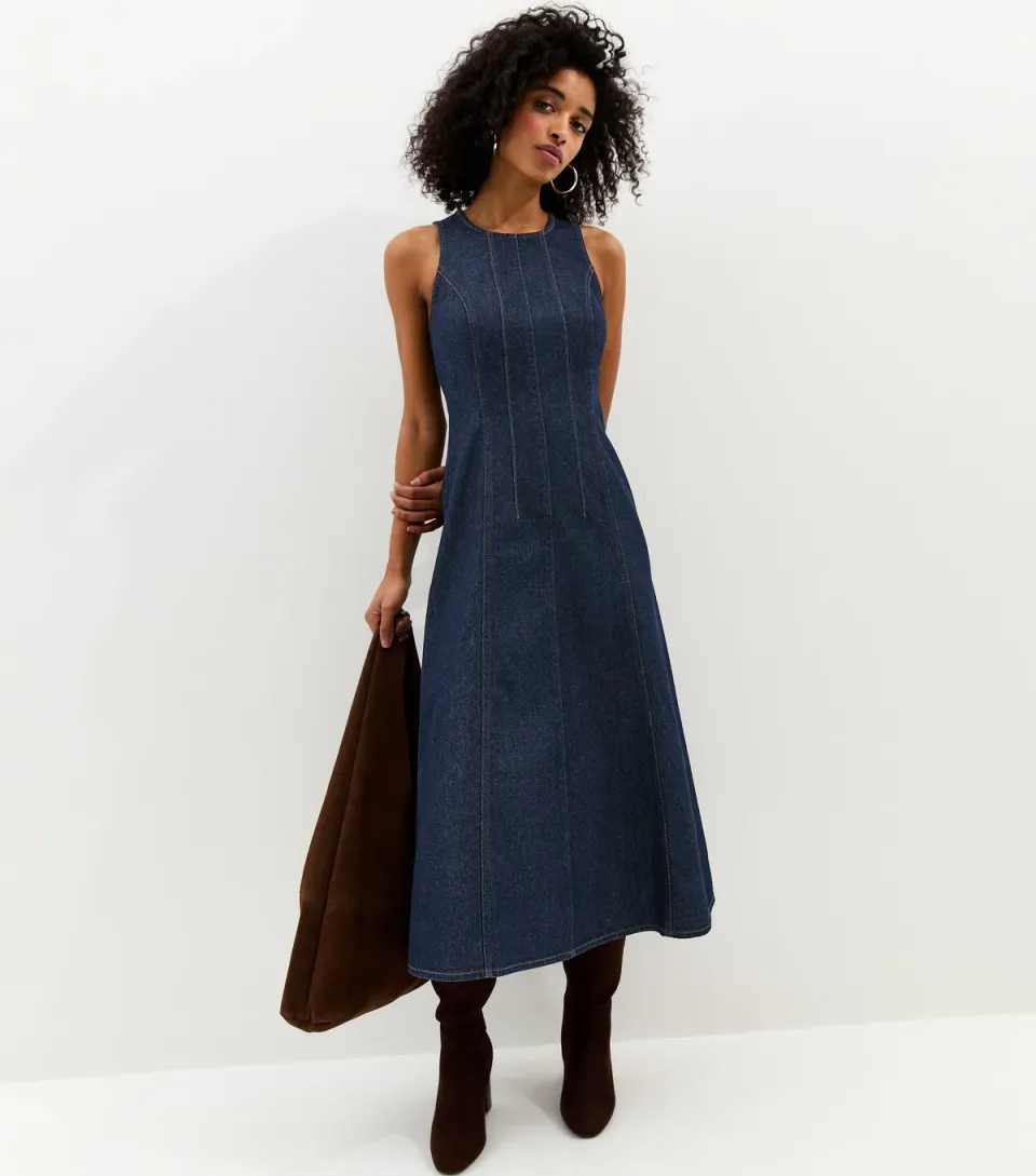 Women's Navy Denim A-Line Sleeveless Midi Dress