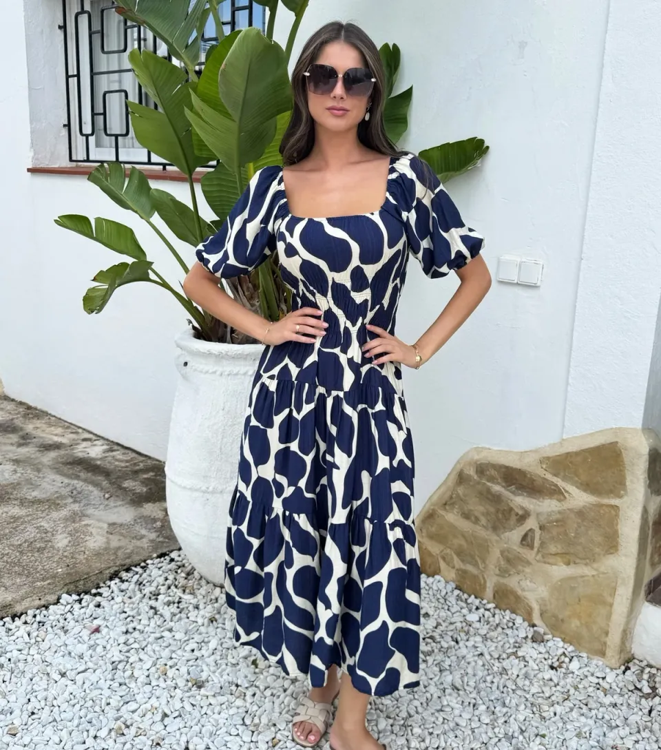 Women's Navy Puff Sleeve Smock Midi Dress