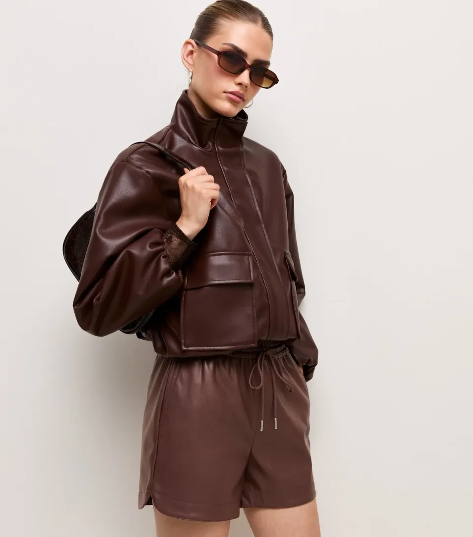 Women's Dark Brown Faux Leather Drawstring Tie Shorts
