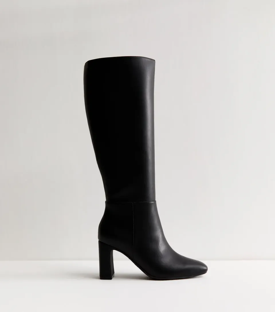Women's Black Faux Leather Heeled Knee High Boots