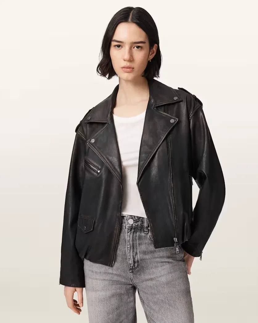Samina Relaxed Fit Leather Biker Jacket