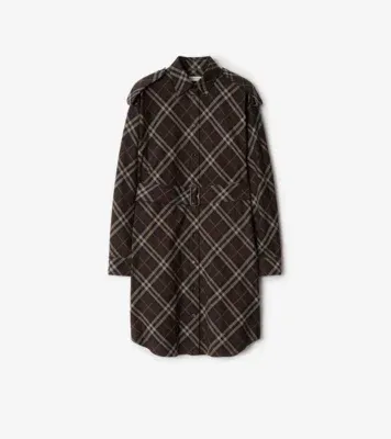 Check Cotton Flannel Shirt Dress in Truffle brown