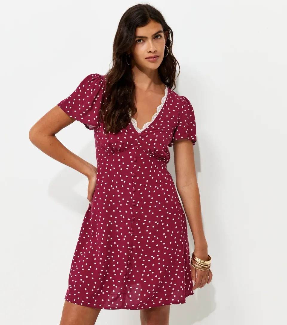 Women's Dark Burgundy Polka Dot Lace Trim Tea Mini Dress