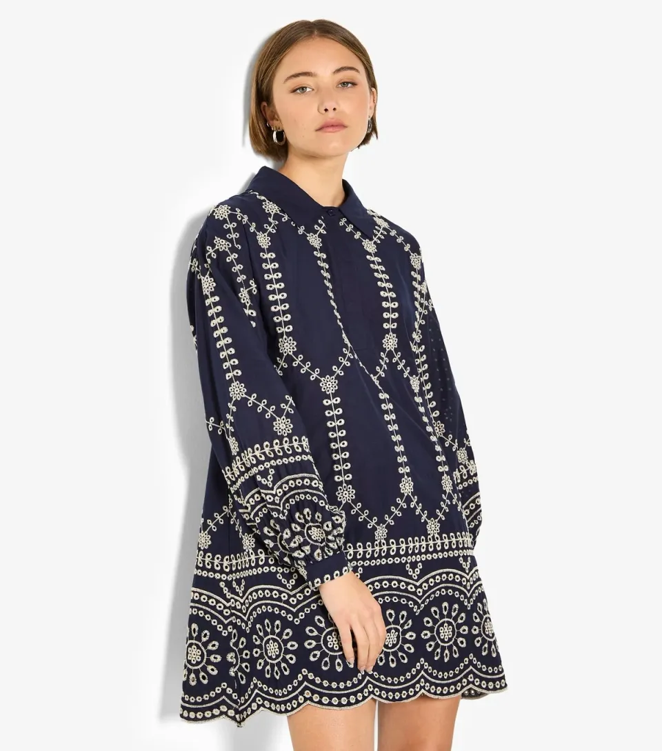 Women's Navy Embroidered Mini Shirt Dress