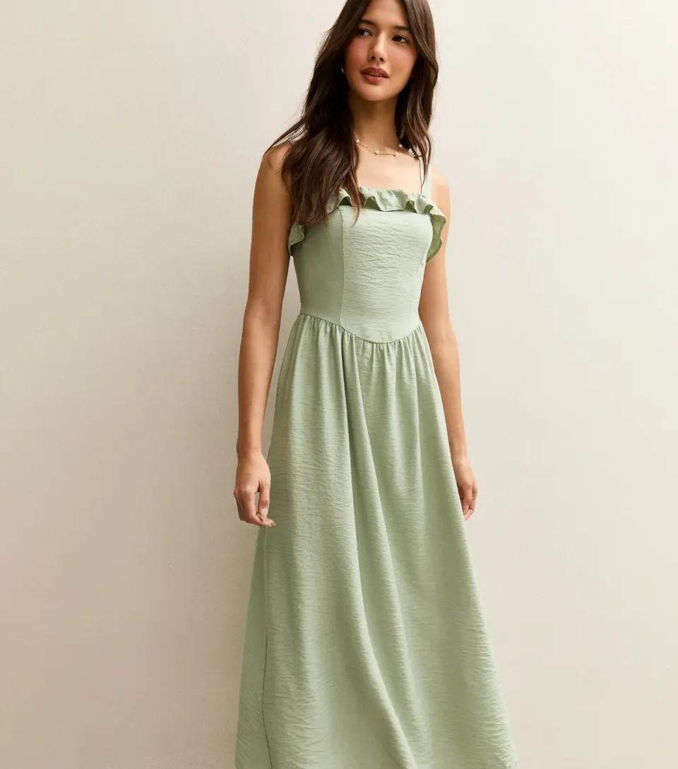 Women's Light Khaki Square Neck Frilly Trim Midi Dress