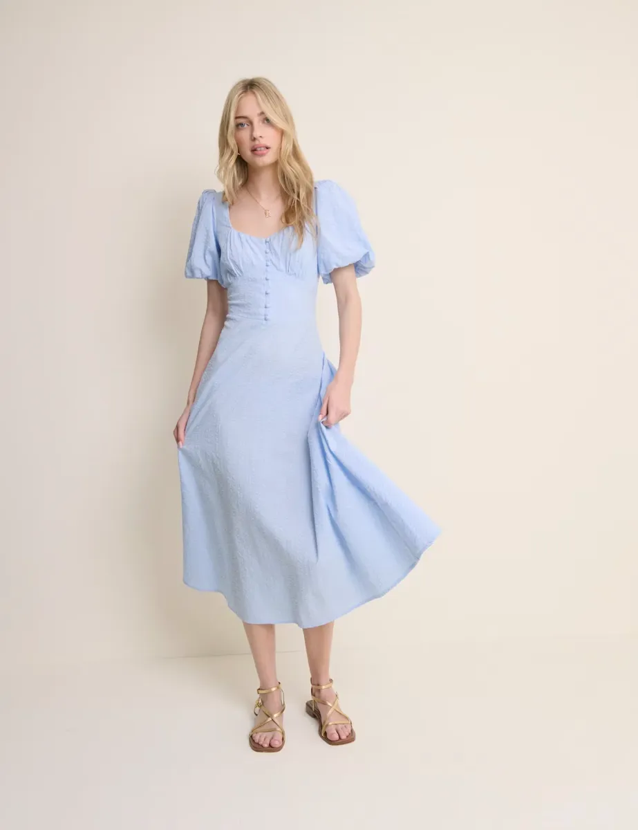 Pure Cotton Puff Sleeve Midi Tea Dress Blue