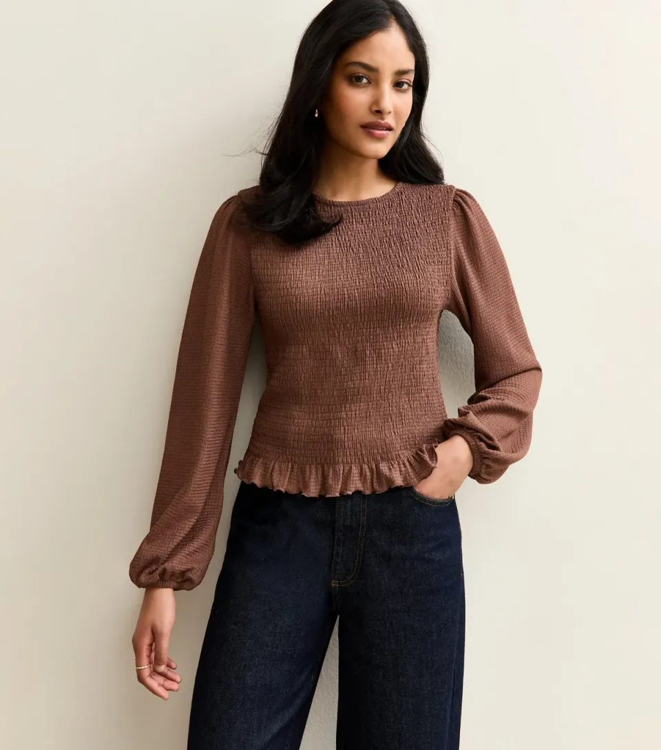 Women's Brown Shirred Long Sleeve Top