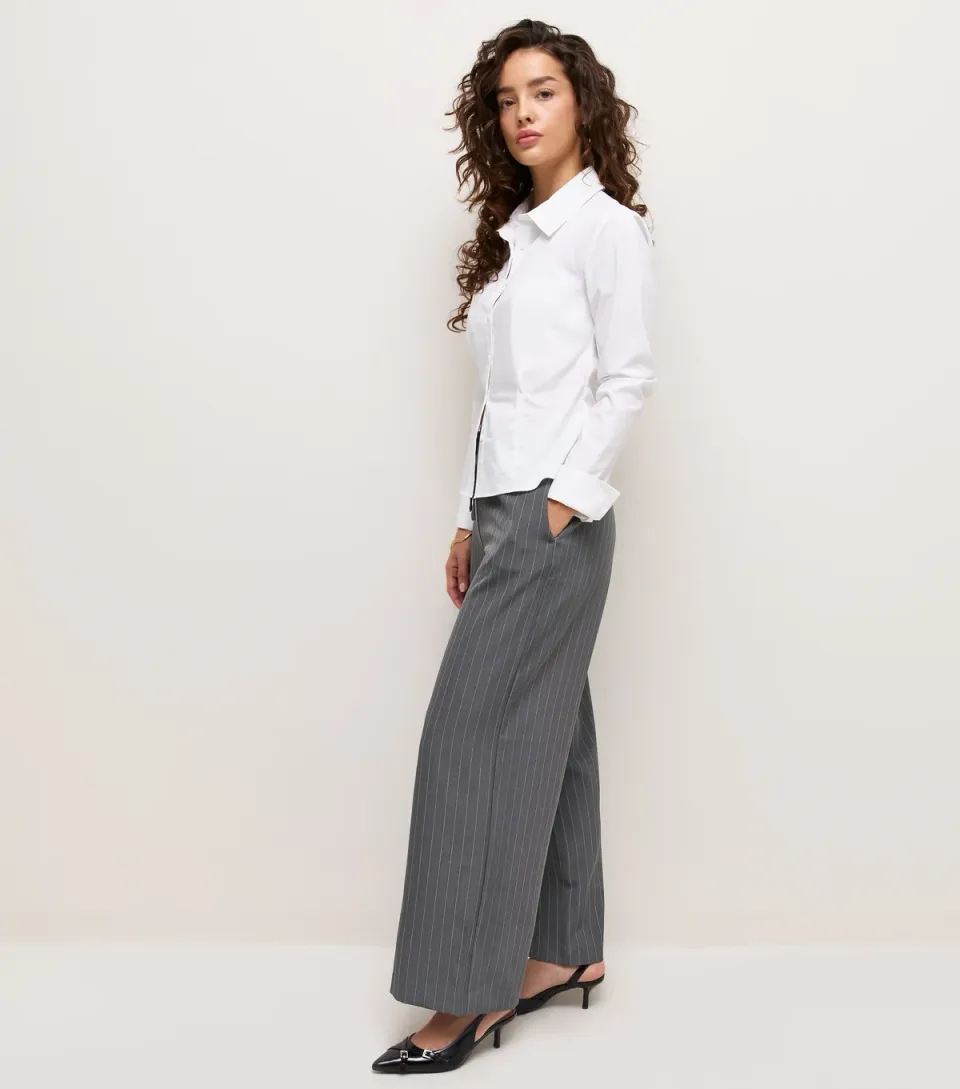 Women's Petite Grey Woven Pinstripe Wide Leg Tailored Trousers