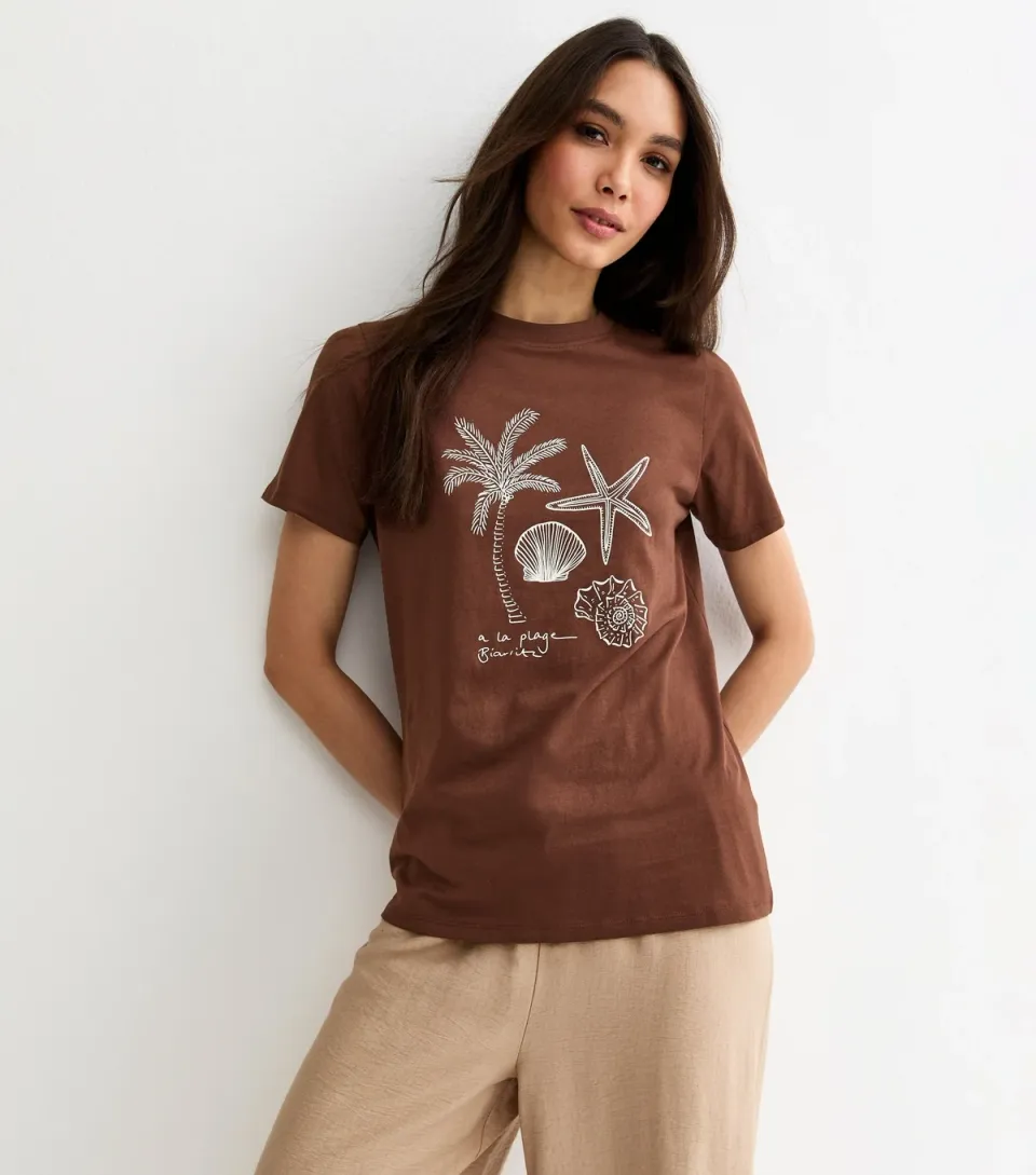 Women's Dark Brown Palm Tree and Shell Print T-Shirt