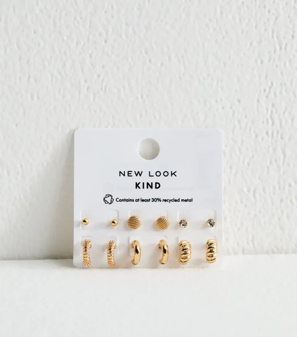 6 Pack Gold Tone Studs and Hoops Diamante and Twist Design