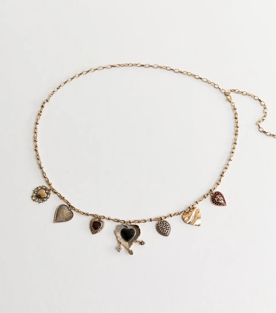 Gold Tone Heart Charm Chain Belt