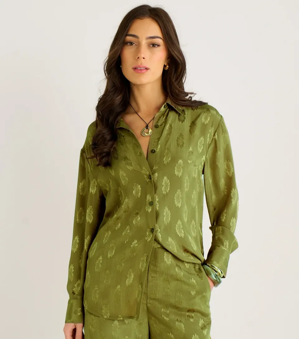 Women's Light Khaki Floral Satin Jacquard Shirt