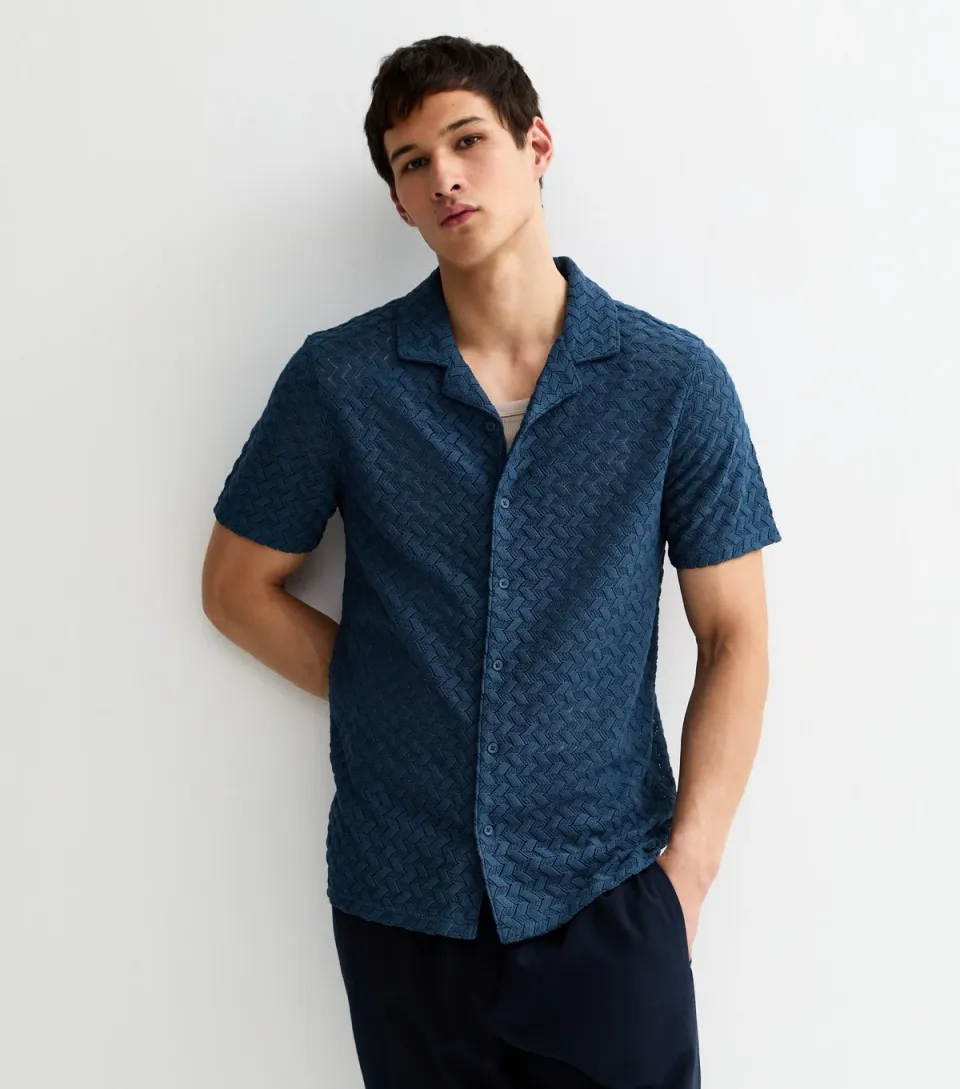 Men's Navy Regular Fit Short Sleeve Chevron Knit Shirt