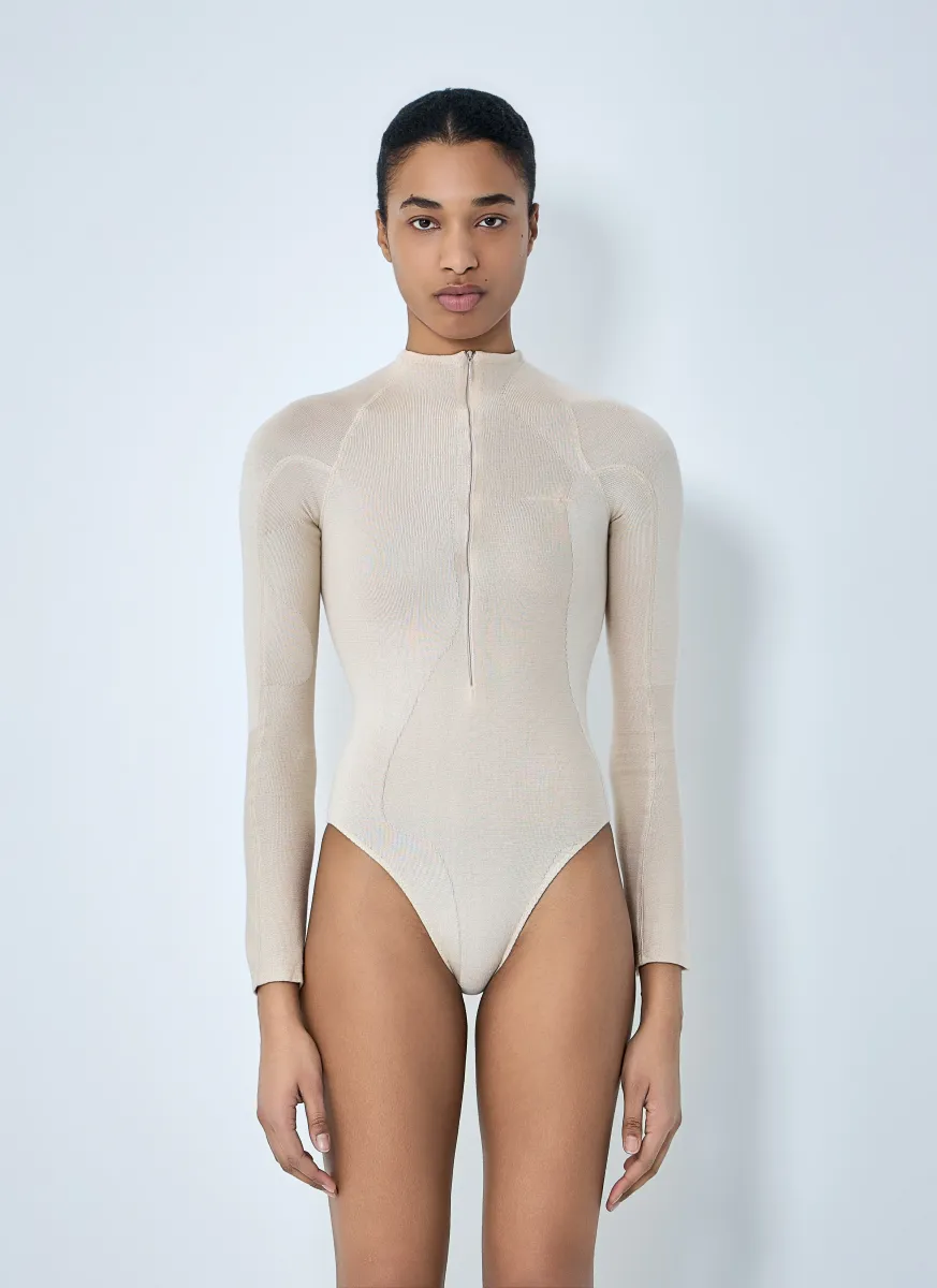 High-Neck Bodysuit in Ribbed Knit