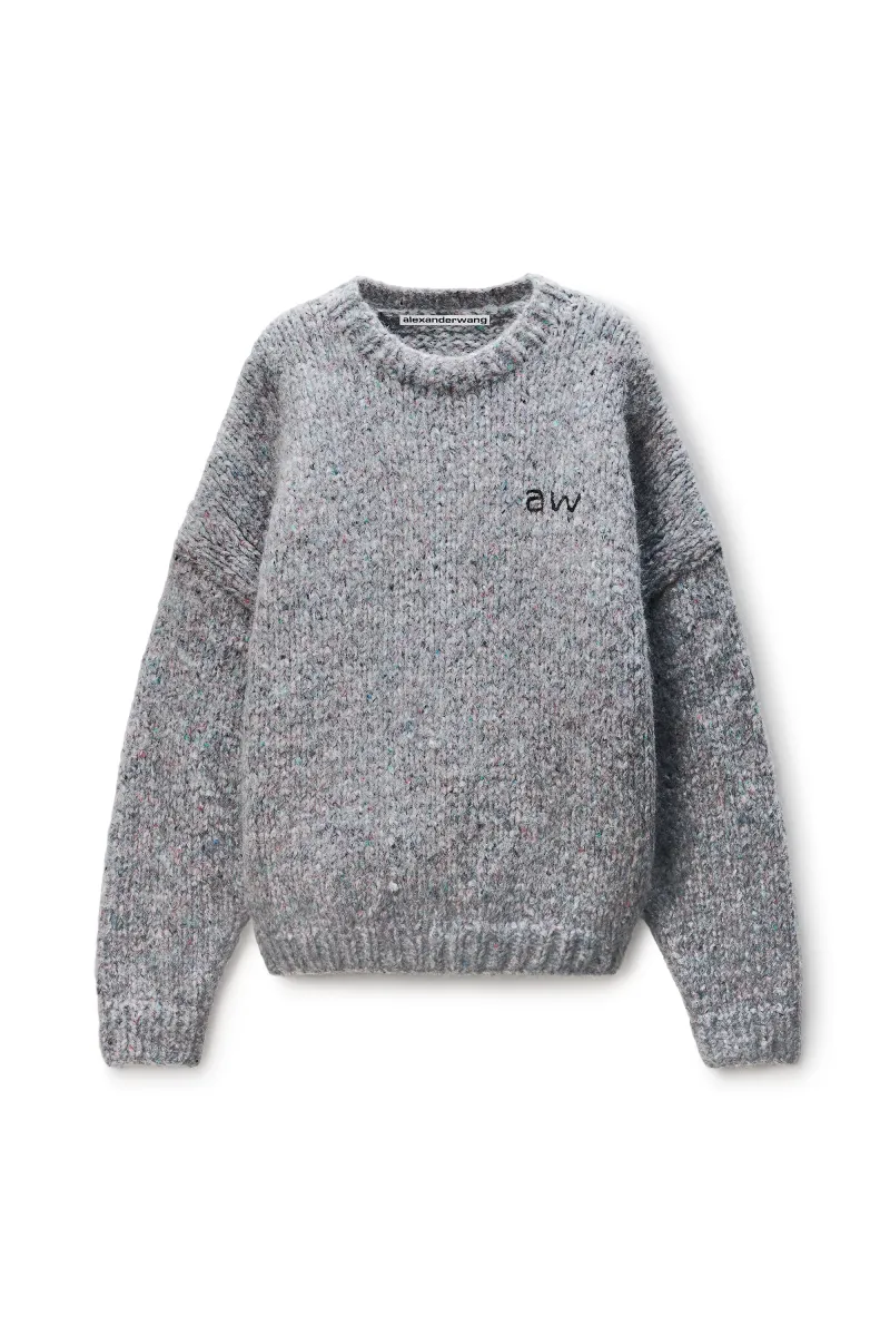 Grey Oversized Pullover with Hand-Crochet Logo