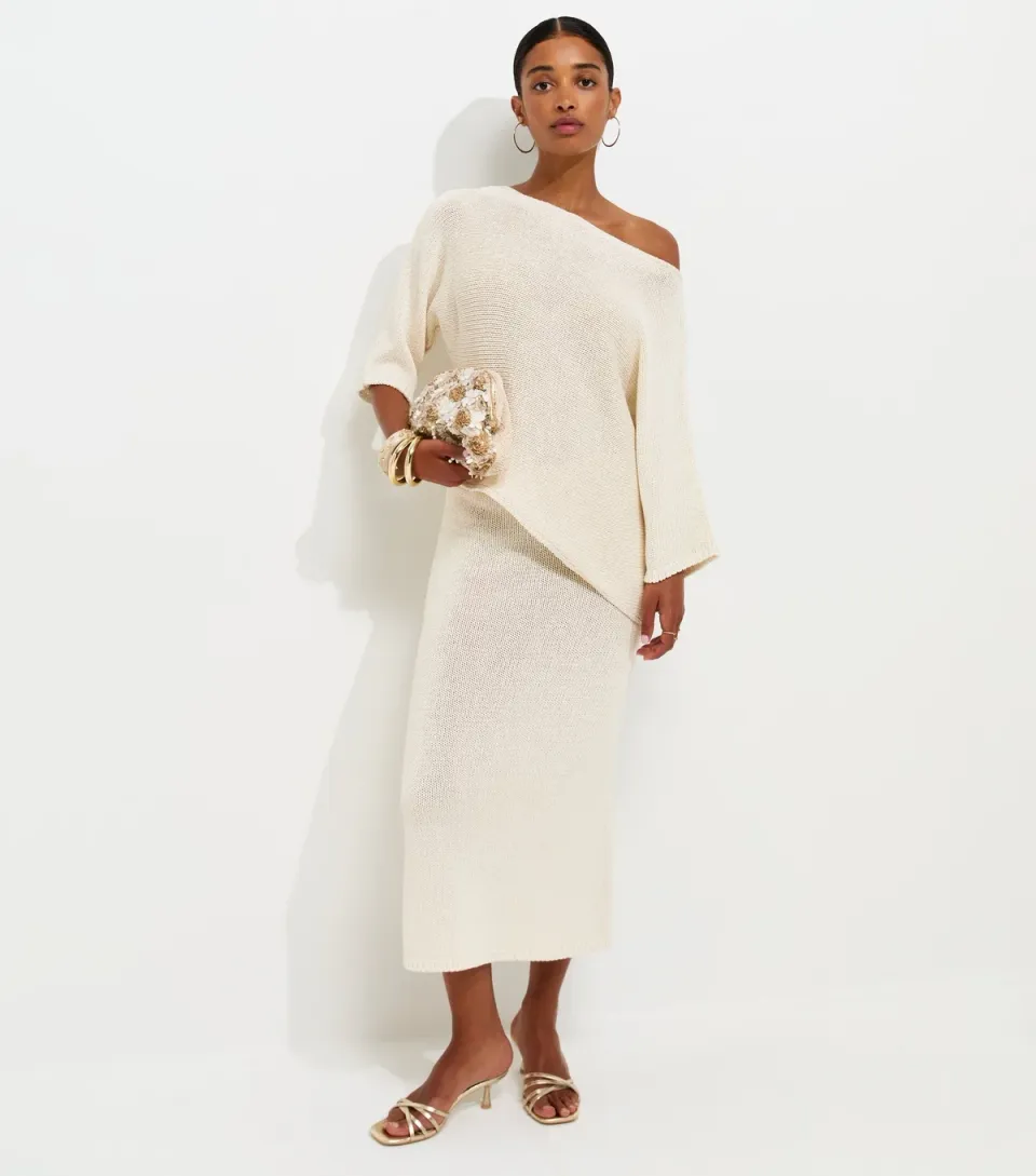 Women's Off White Cotton Rich Open Knit Midi Skirt