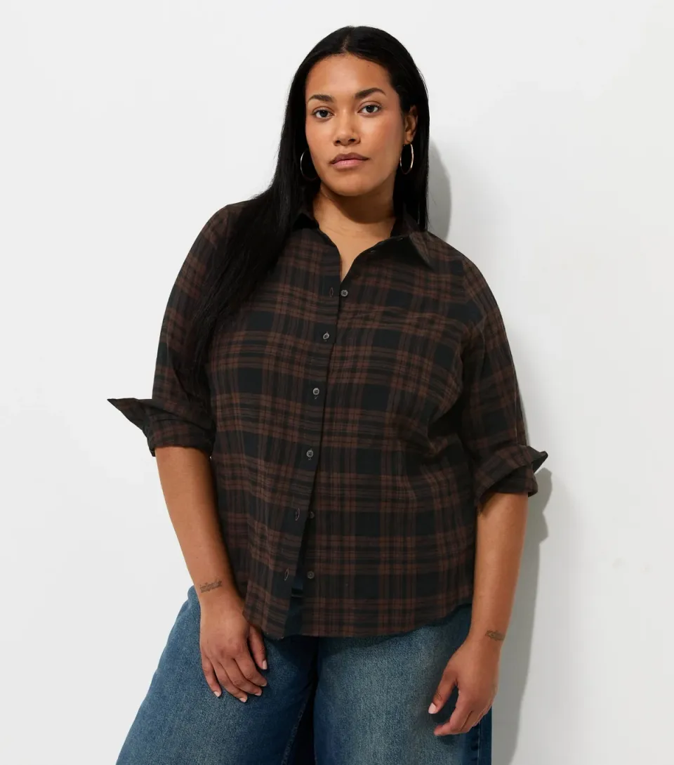 Women's Plus Size Brown Cotton Rich Checked Long Sleeve Shirt Curves