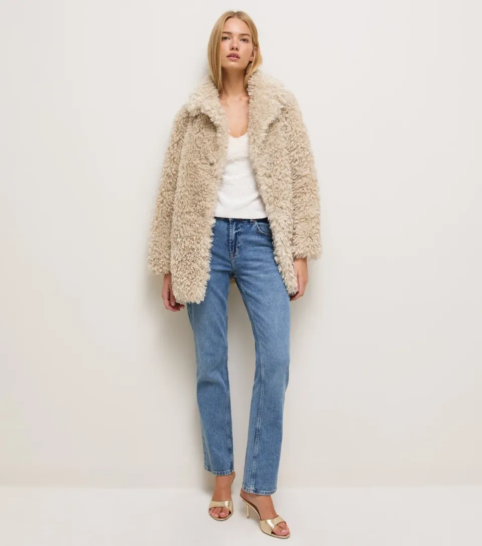 Women's Cream Curly Faux Fur Jacket