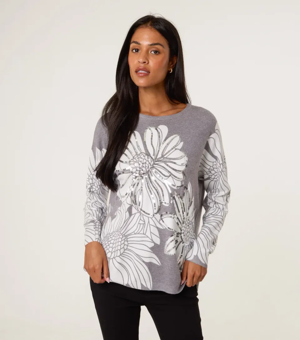 Women's Grey Floral Sequin Embellished Jumper
