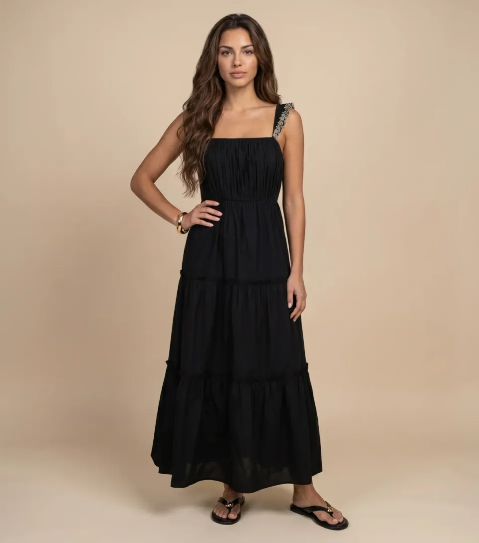 Women's Black Embroidery Ruffle Strap Tiered Maxi Dress