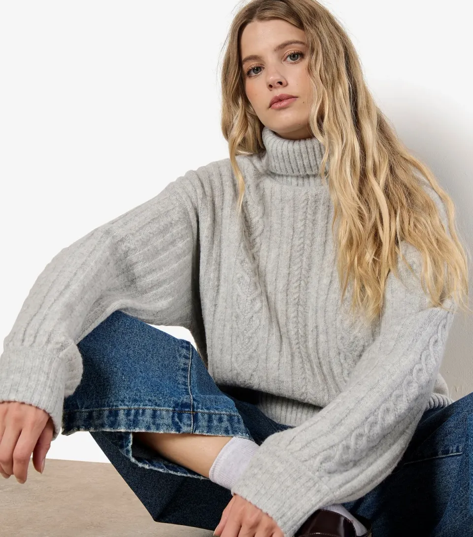Women's Light Grey Cable Knit Roll Neck Jumper