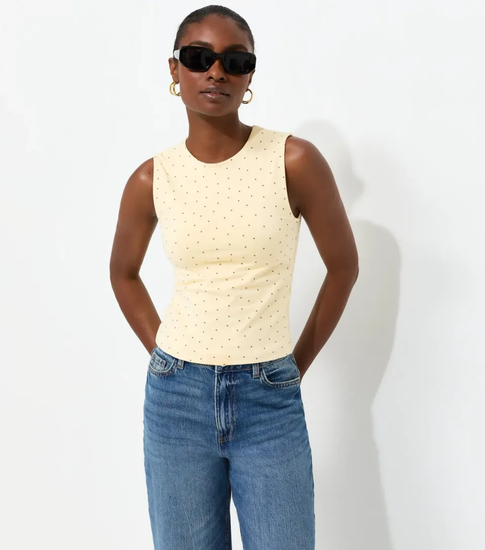 Women's Yellow Cotton Rich Polka Dot Sleeveless Tank Top
