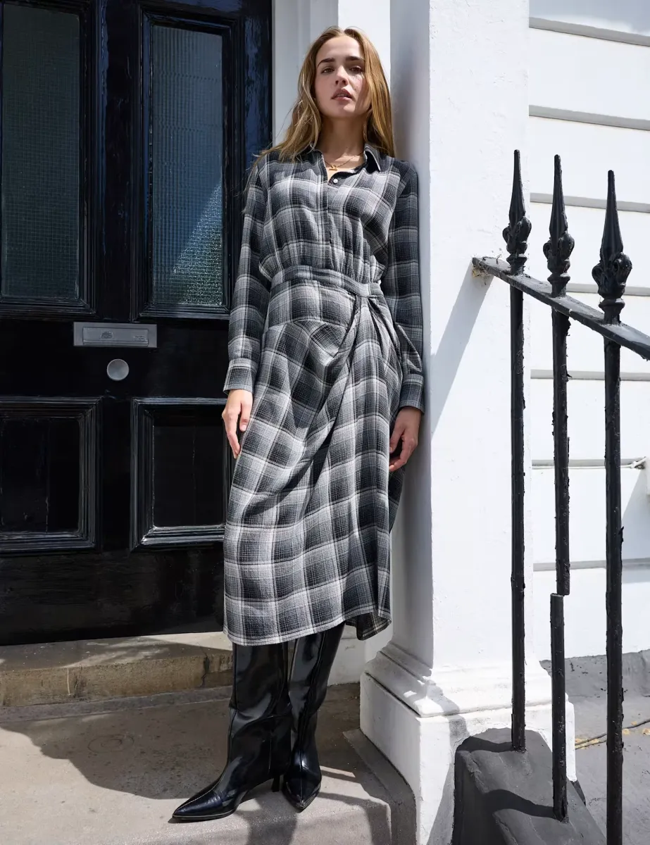 Wool Blend Checked Midi Shirt Skater Dress Grey