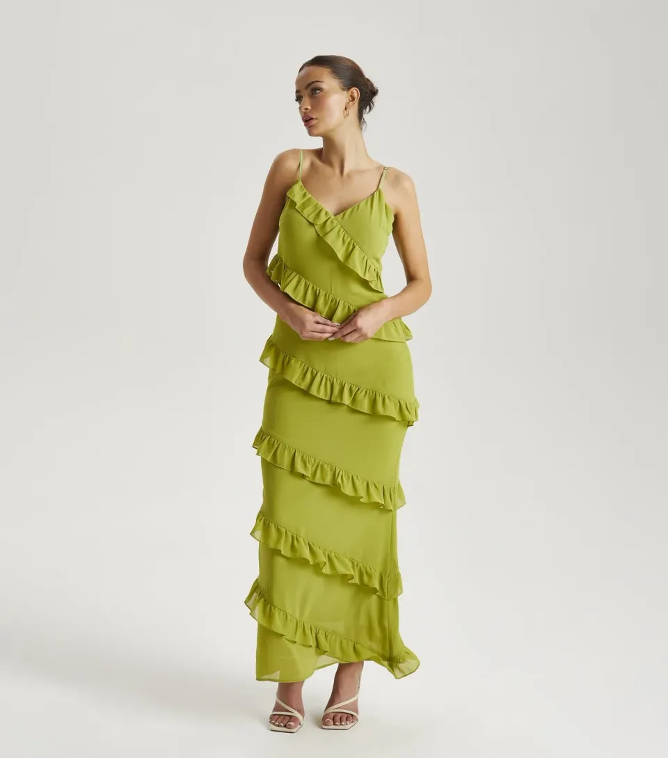 Women's Green Ruffle Tiered Maxi Dress