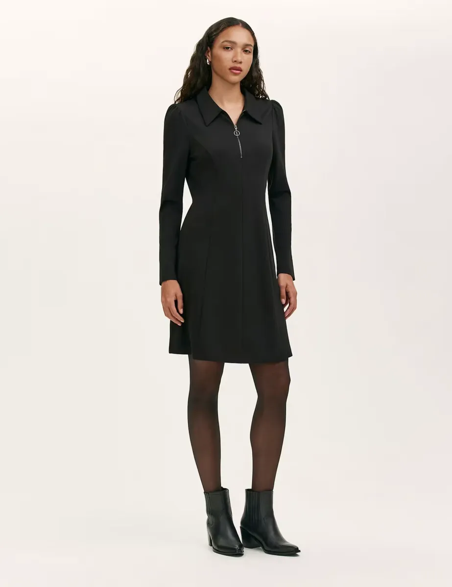 Jersey Zip Neck Knee Length Shirt Dress Black